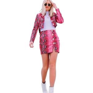 New! L’atiste by Amy Pink Leather Snake Skin Print Mini-Skirt Sz S